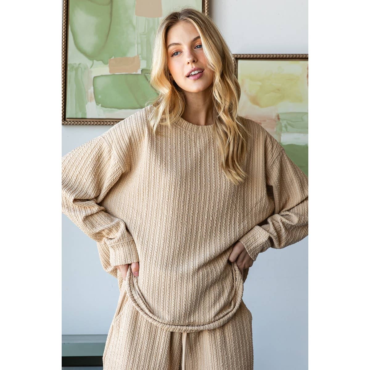 Waffle Textured Knit Top: Beige