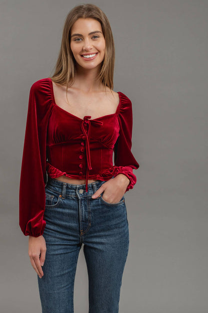 Velvet Tie Front Crop Top : BURGUNDY