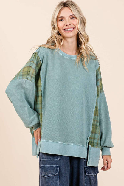 Plaid Panel Mineral Wash French Terry Sweatshirt