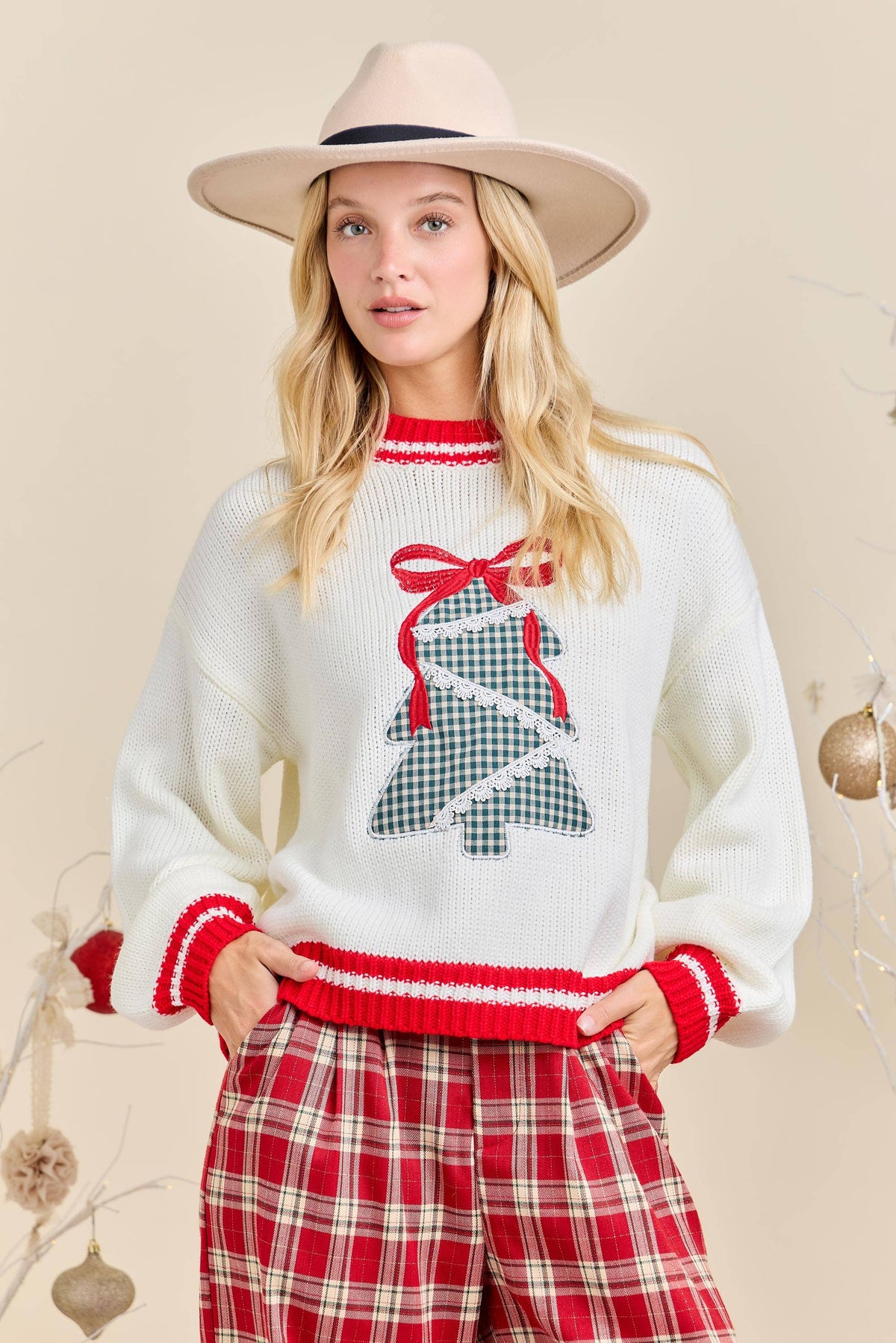 Festive Holiday Sweater With Christmas Tree Patchwork