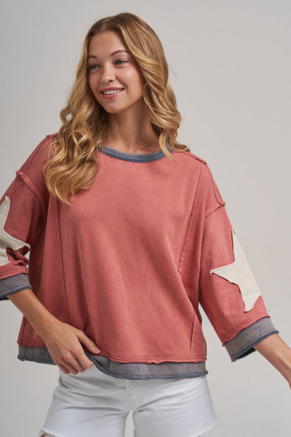 Star Sleeve Mineral Wash Top