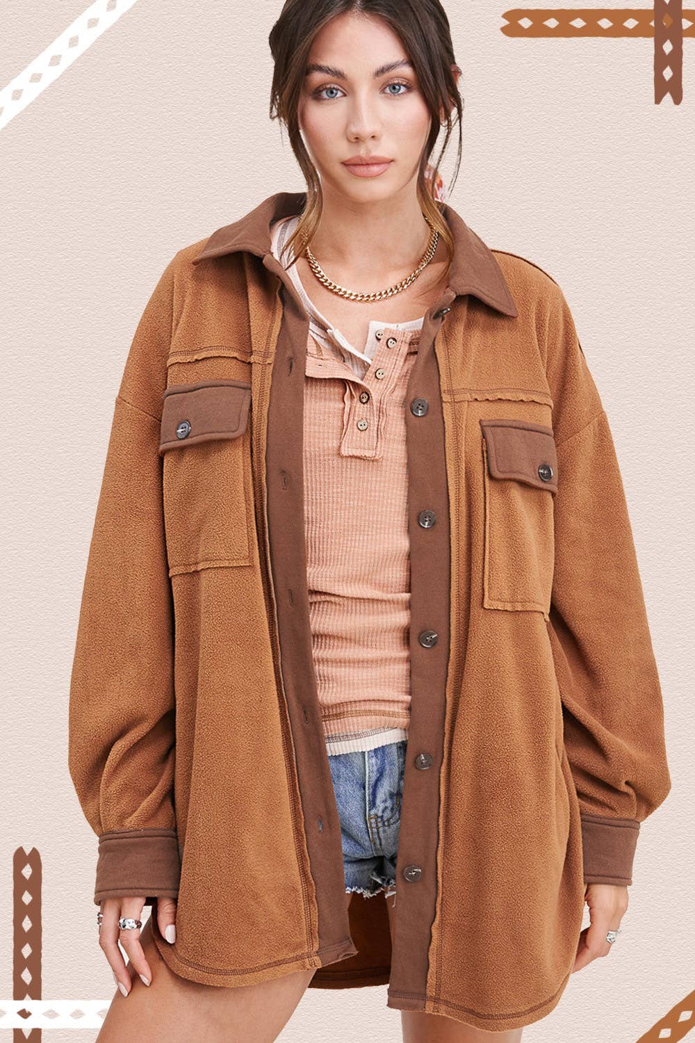 Soft Brushed Button Down Long Sleeve Fleece Shacket: Camel