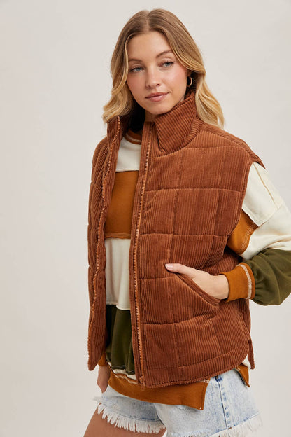 Corduroy Quilted Puffer Vest : Camel