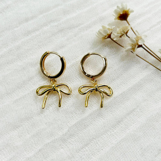 Gold Bow Charm Hoops