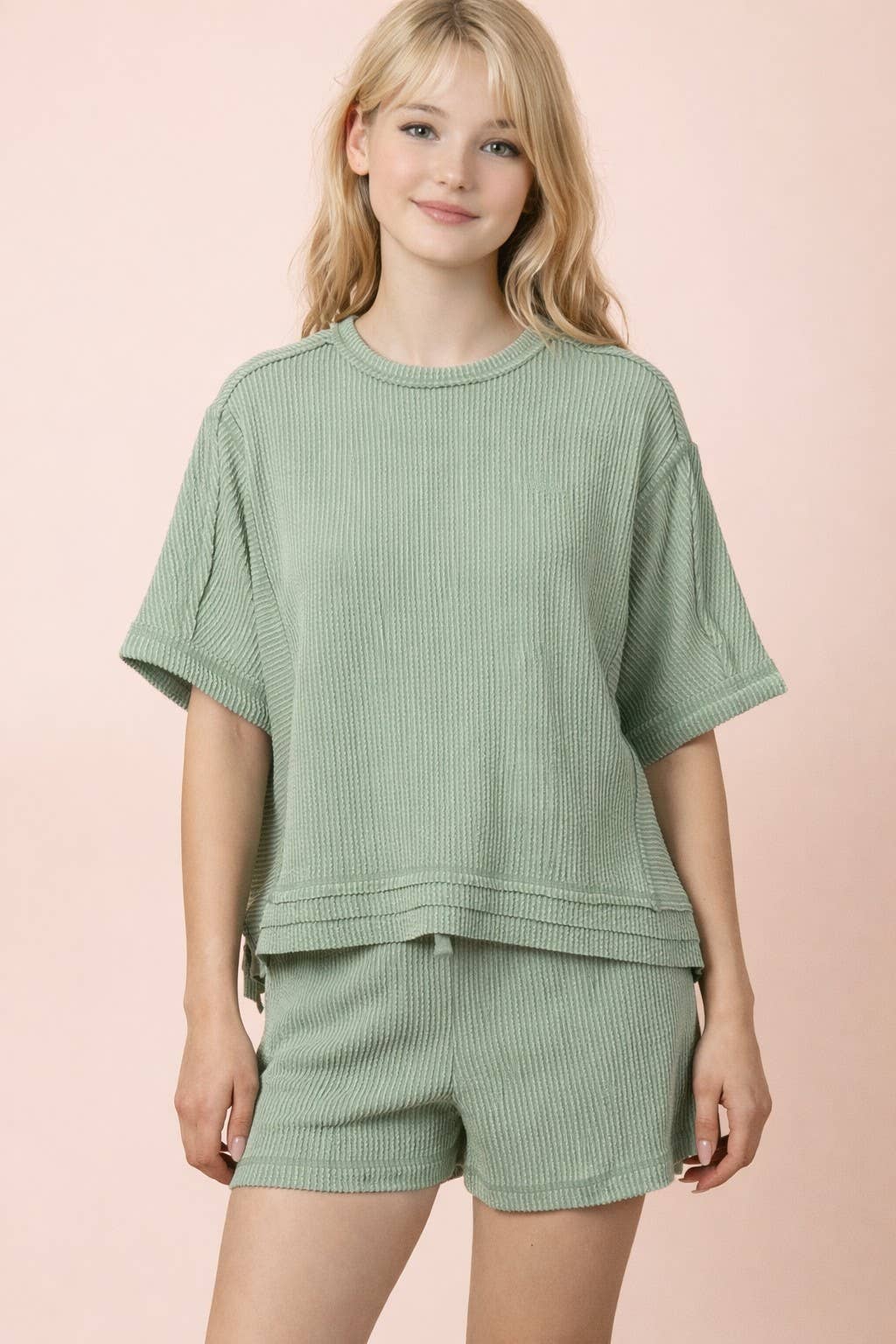 Ribbed Knit Comfy Top & Shorts Set