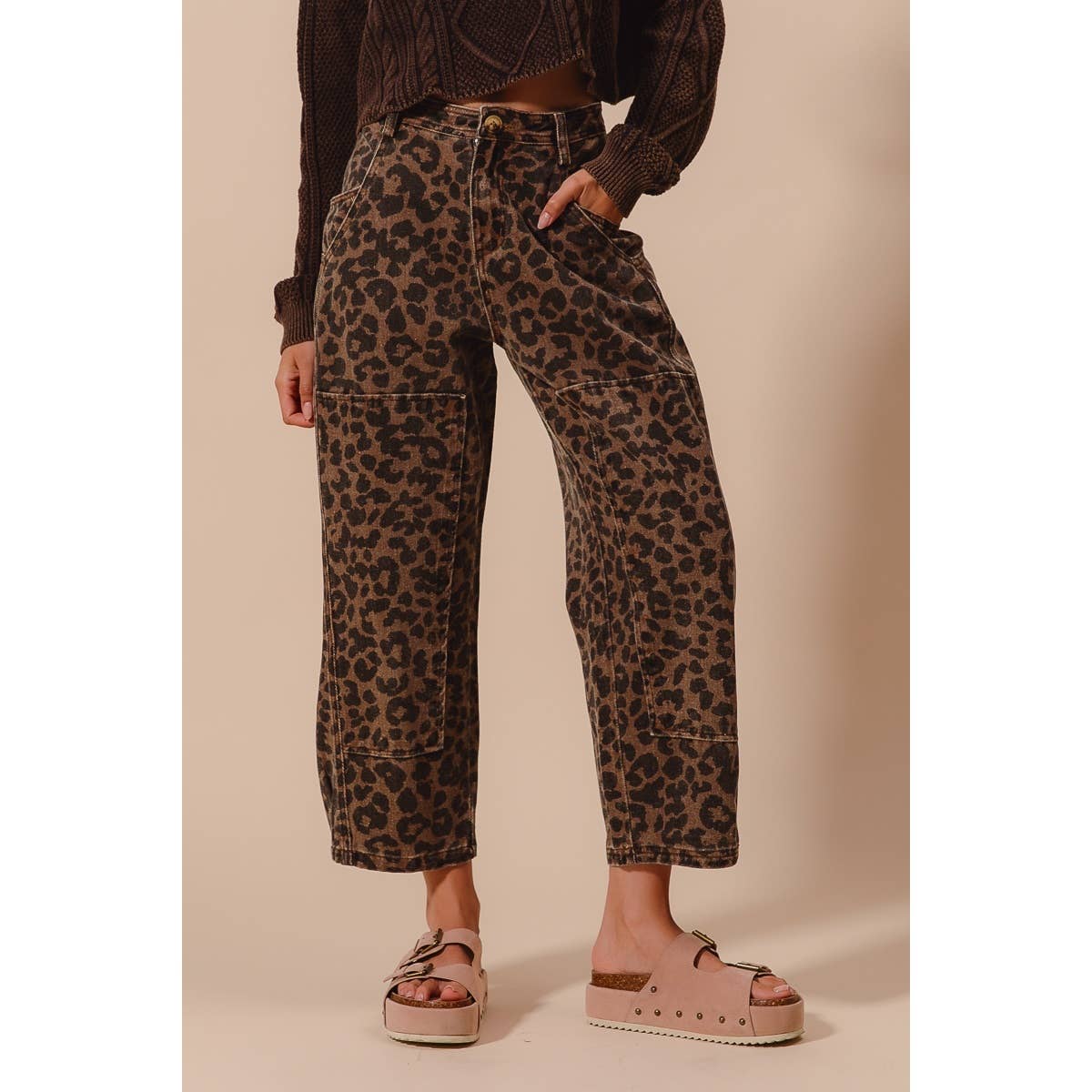 Leopard Mid Rise Barrel Pants