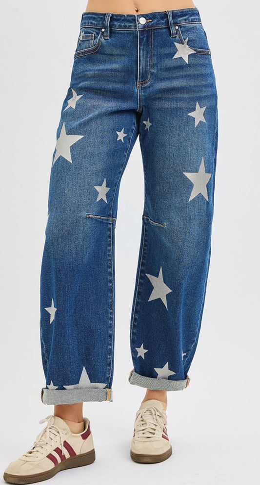 Shine Like A Star Printed Barrel Denim