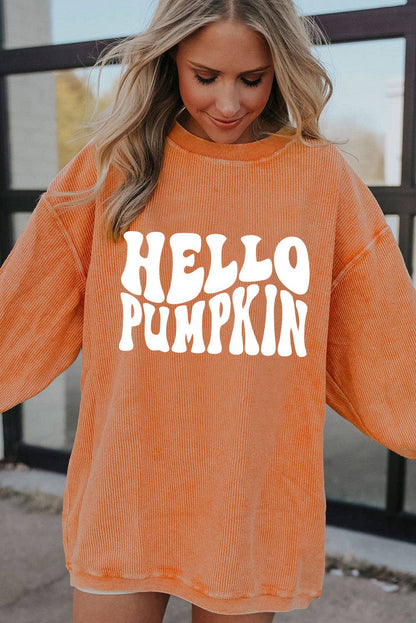 Orange HELLO PUMPKIN Letter Graphic Corded Sweatshirt