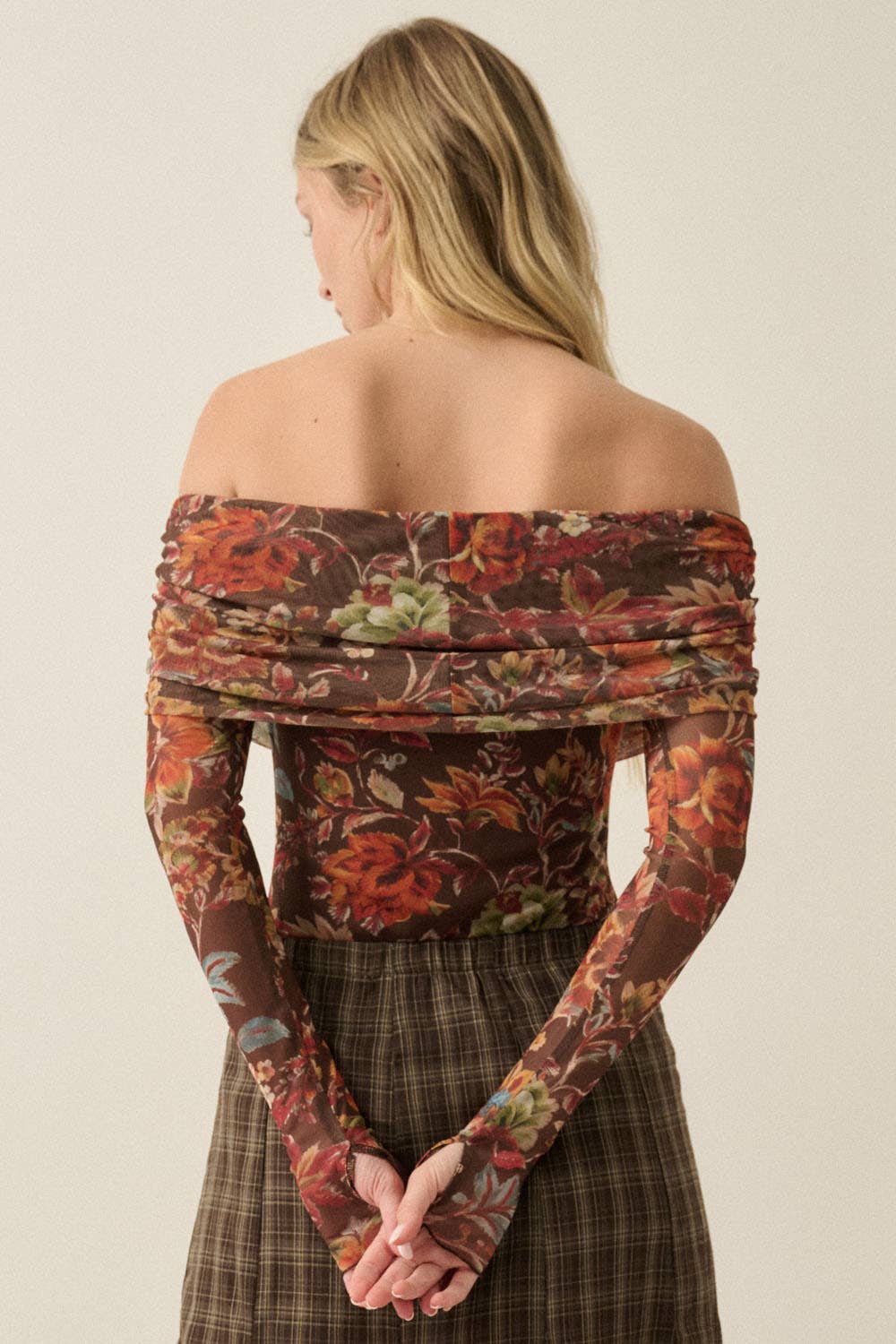 Floral-Print Mesh Off Shoulder Bodysuit