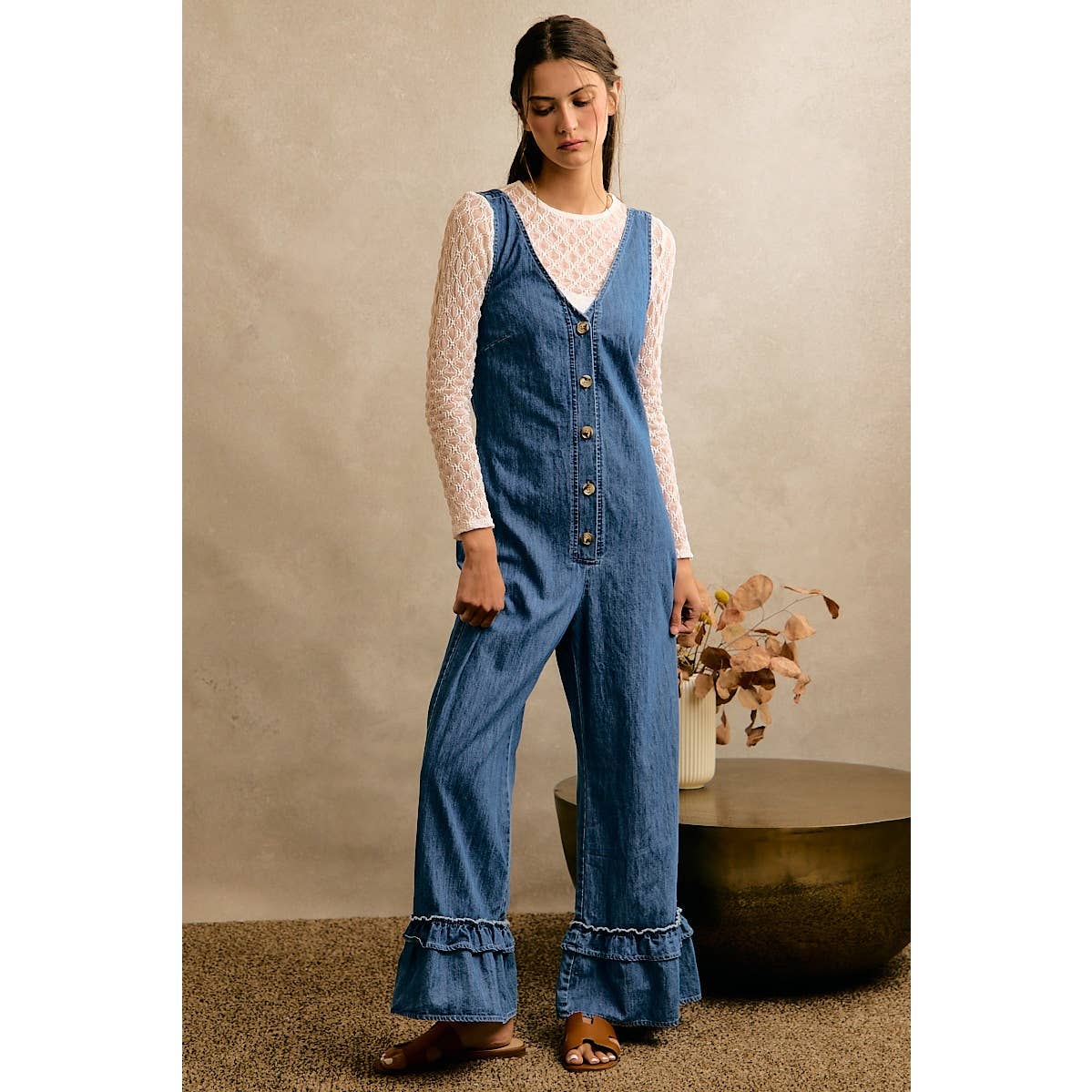 Denim Ruffle Leg Romper