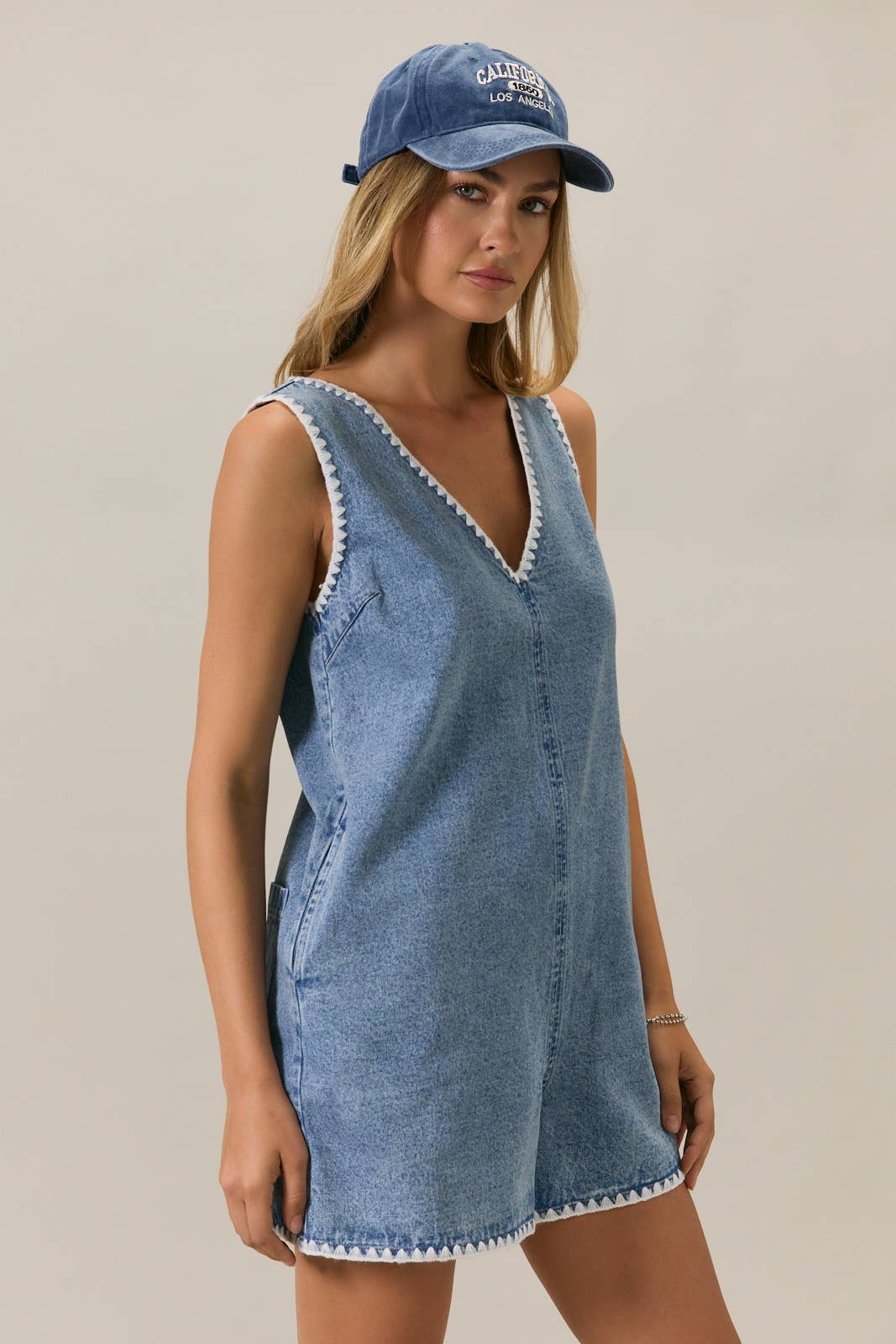 V Neck Stitch Detail Denim Romper
