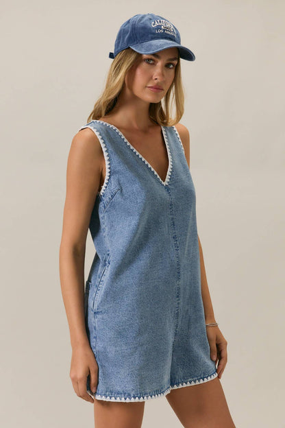 V Neck Stitch Detail Denim Romper