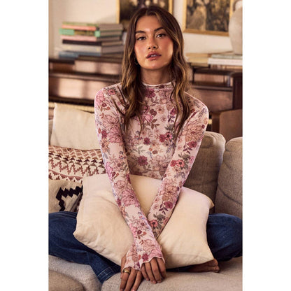 FLORAL PRINT MESH KNIT LONG SLEEVES TOP