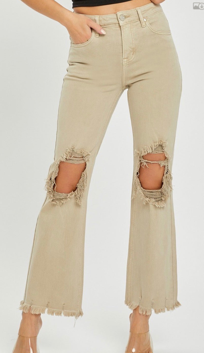 Sand High Rise Distressed Denim