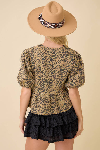 Leopard Printed Denim V-neck Baby Doll Blouse