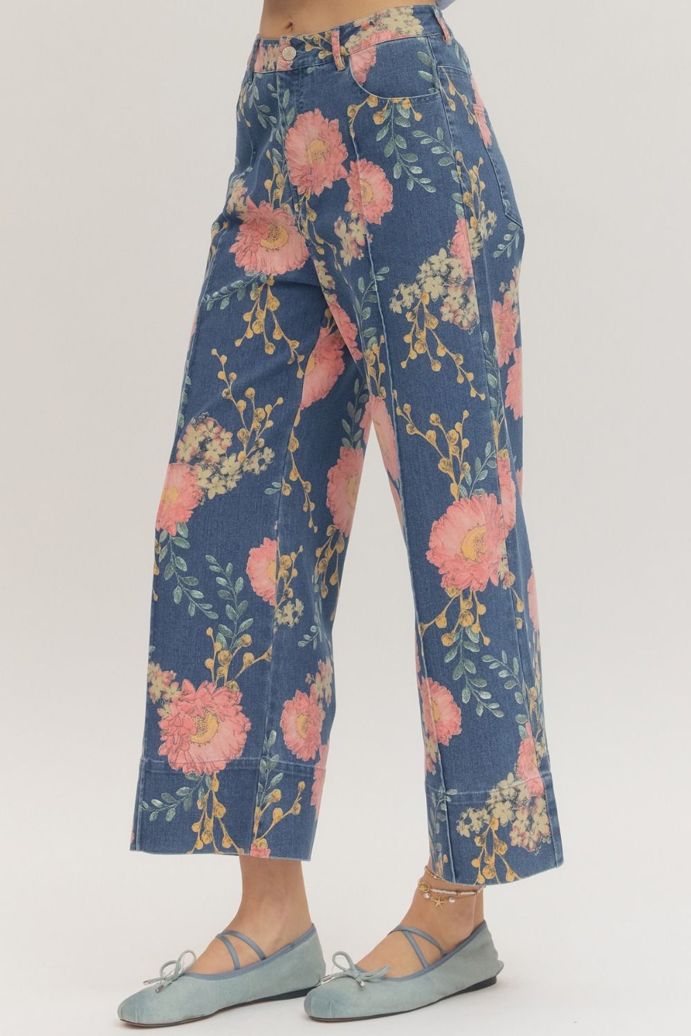 Floral Print Wide Leg Denim