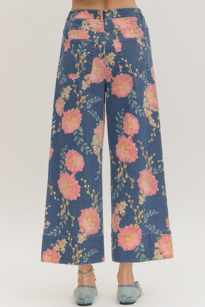 Floral Print Wide Leg Denim