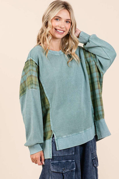 Plaid Panel Mineral Wash French Terry Sweatshirt