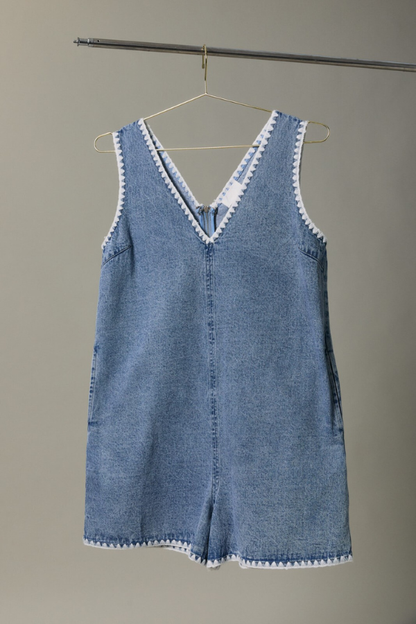 V Neck Stitch Detail Denim Romper