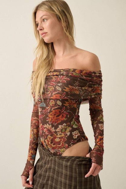 Floral-Print Mesh Off Shoulder Bodysuit