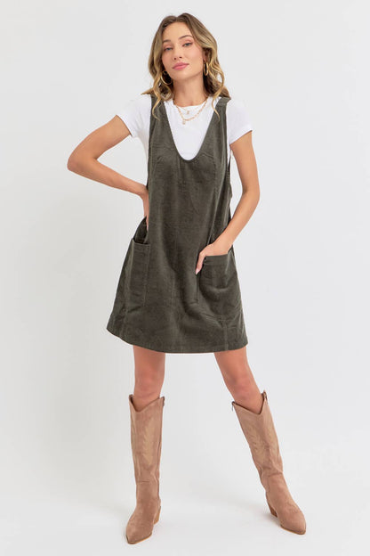 Cozy Corduroy Overall Dress - Olive