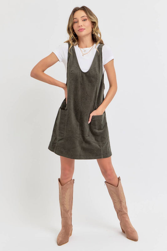 Cozy Corduroy Overall Dress / Olive