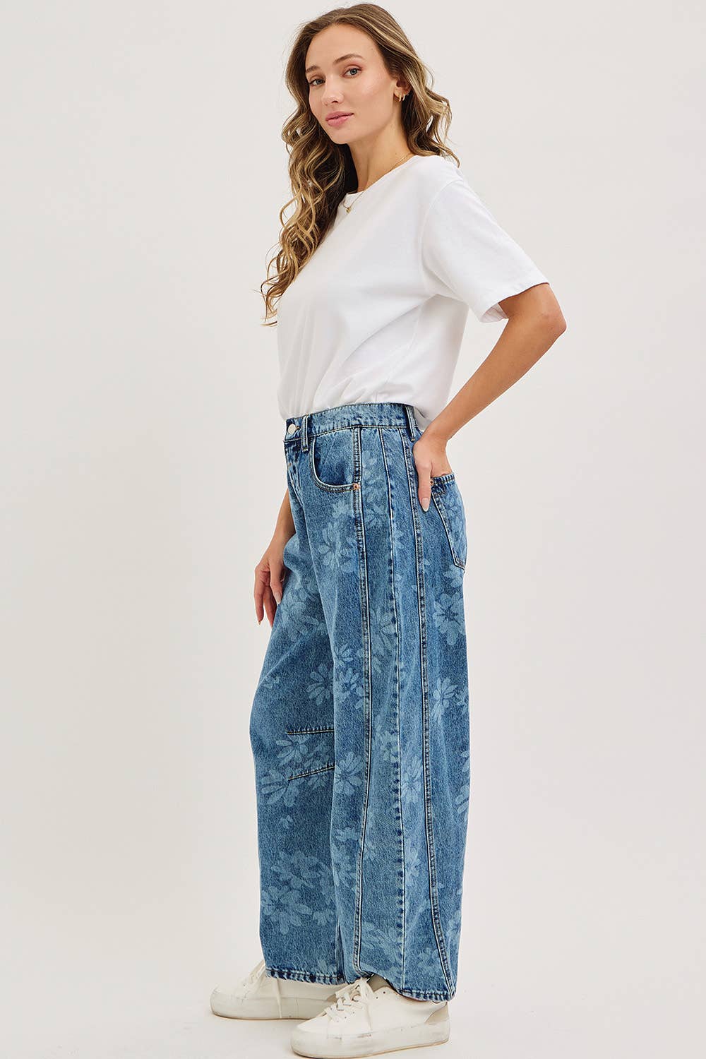 Floral Print Barrel Denim