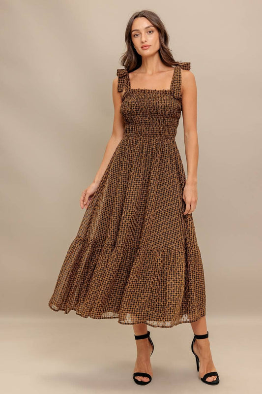 Autumn Smocked Gingham Midi Dress