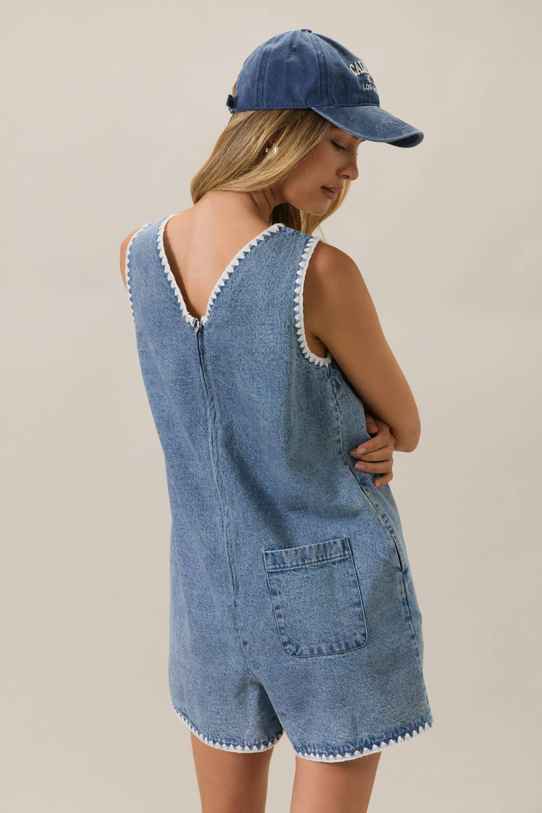 V Neck Stitch Detail Denim Romper