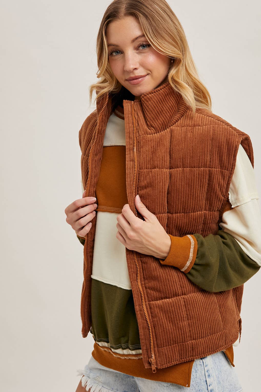 Corduroy Quilted Puffer Vest : Camel