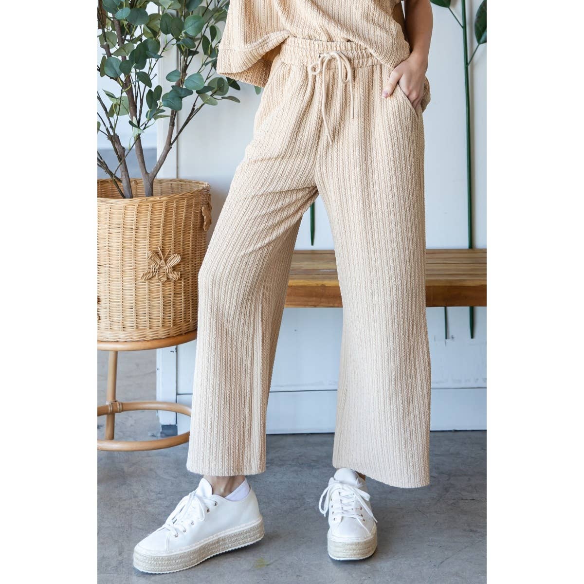 Waffle Textured Knit Pants: Beige