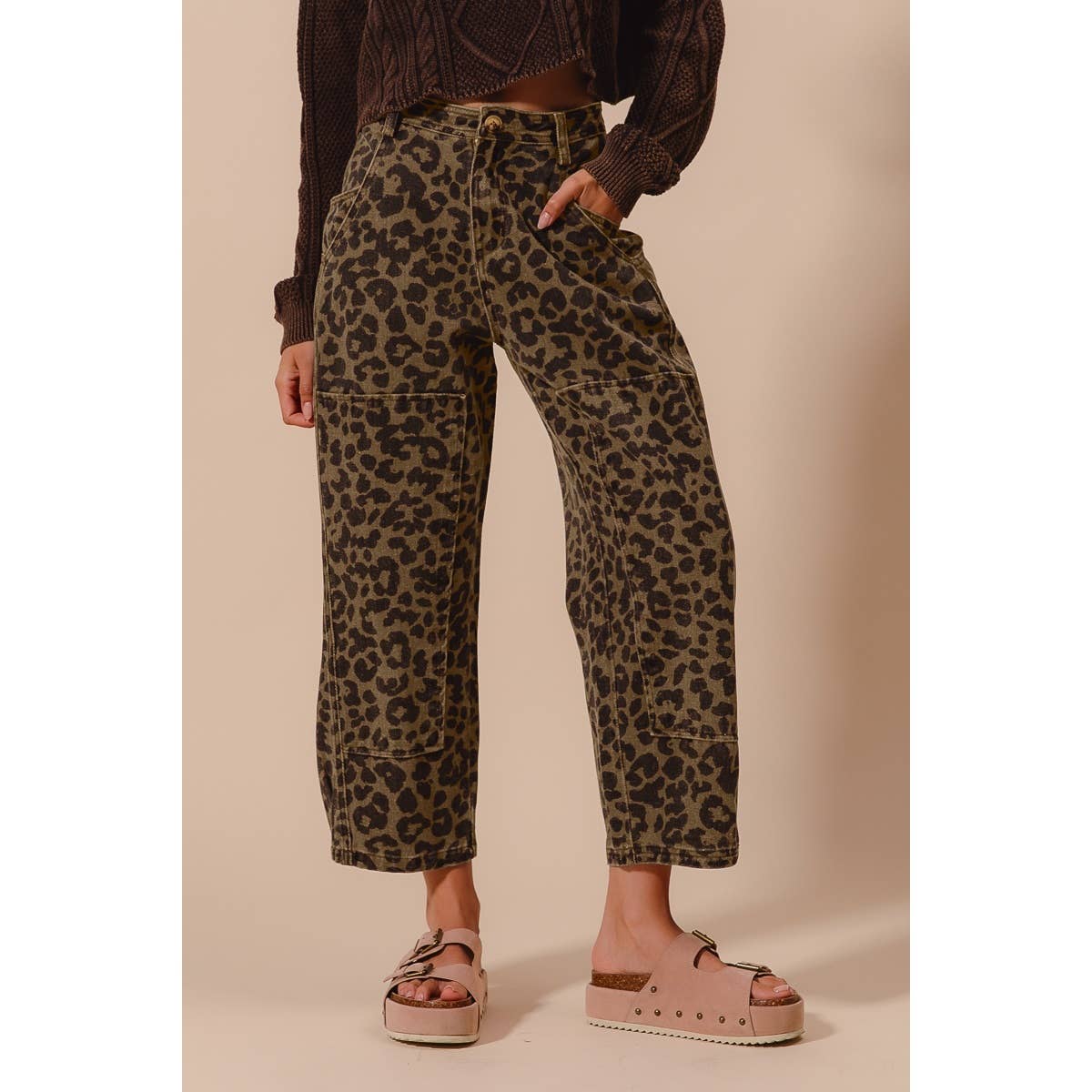 Leopard Mid Rise Barrel Pants
