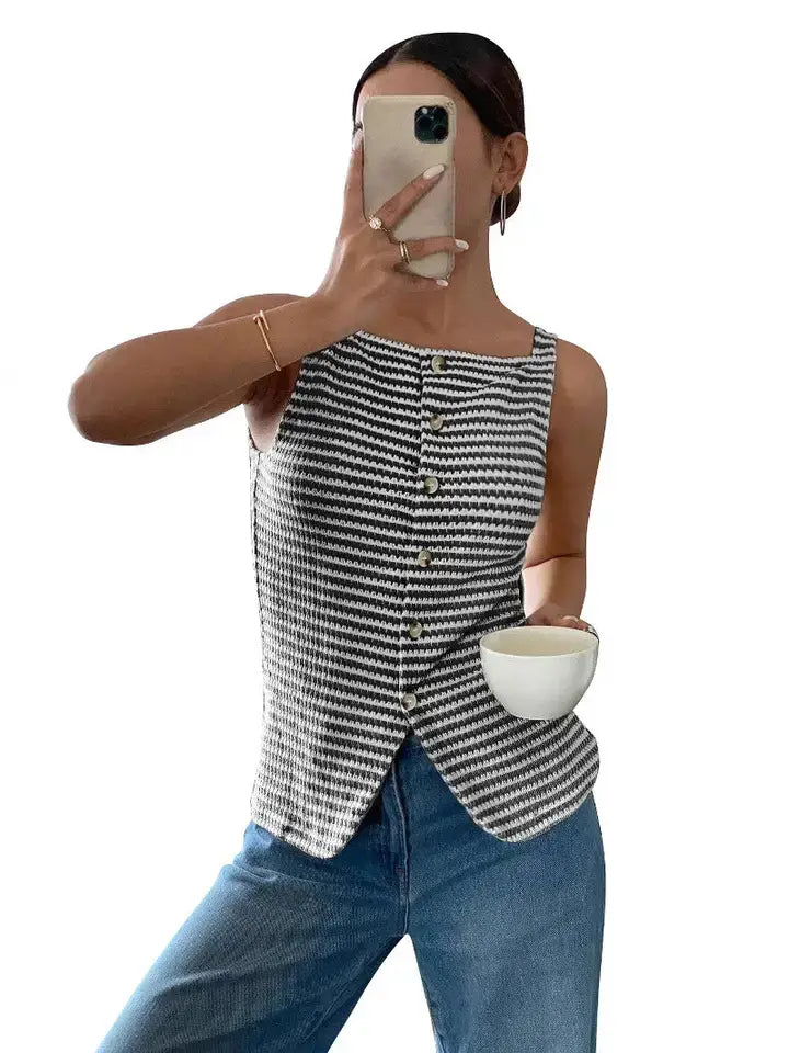 Striped Knit Button Front Tank Top Slim Fit Summer Vest