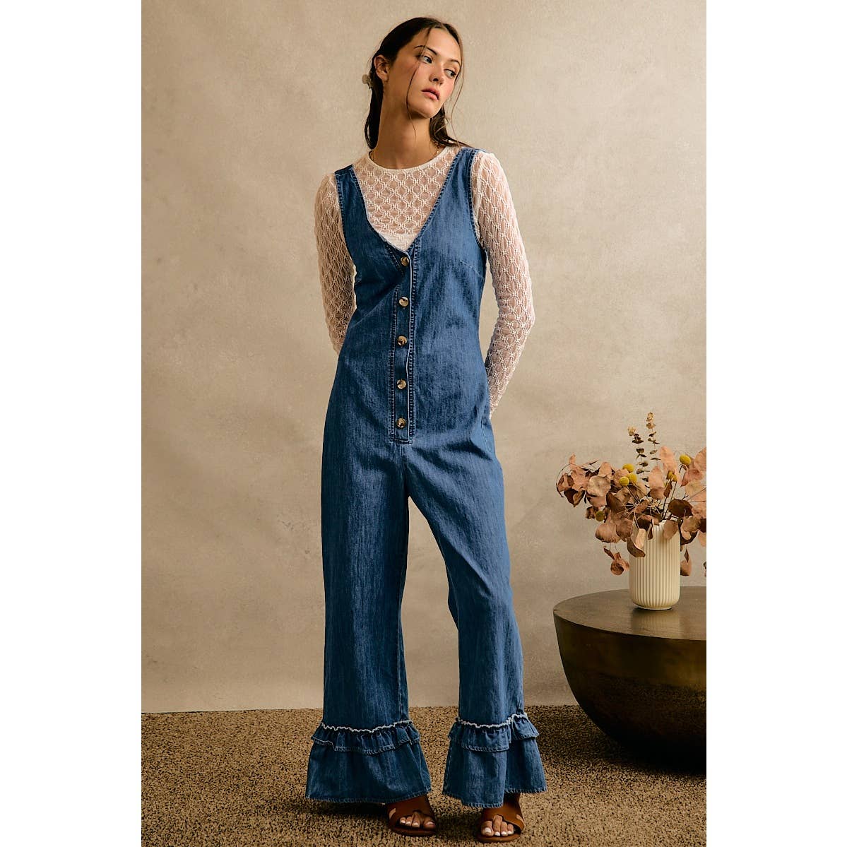Denim Ruffle Leg Romper