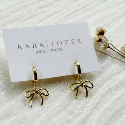 Gold Bow Charm Hoops