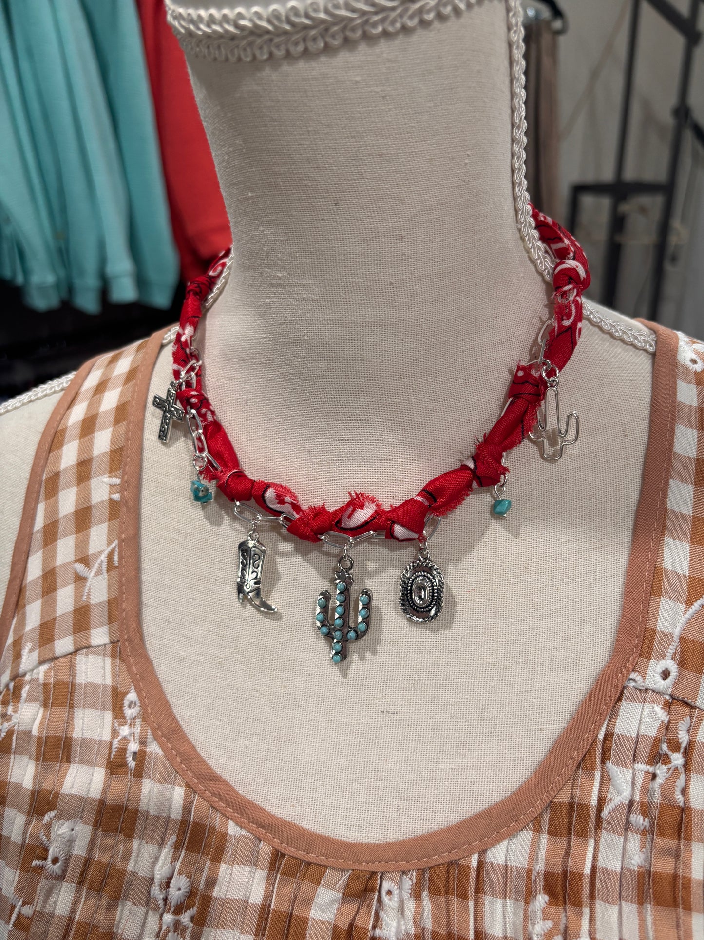 Red Bandana Western Charm Necklace