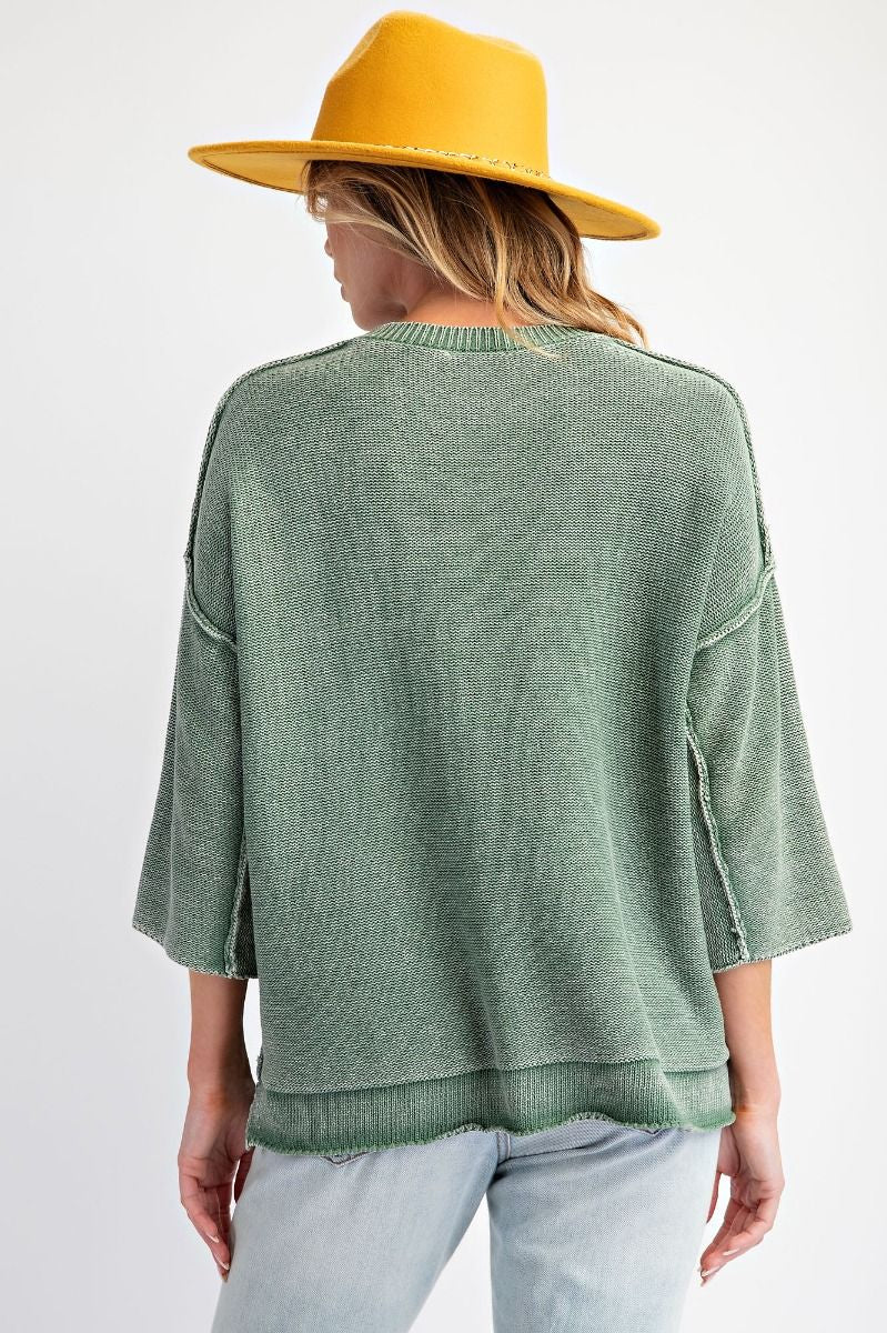 ET24125 Mineral Washed Knit Sweater Top : Juniper Green