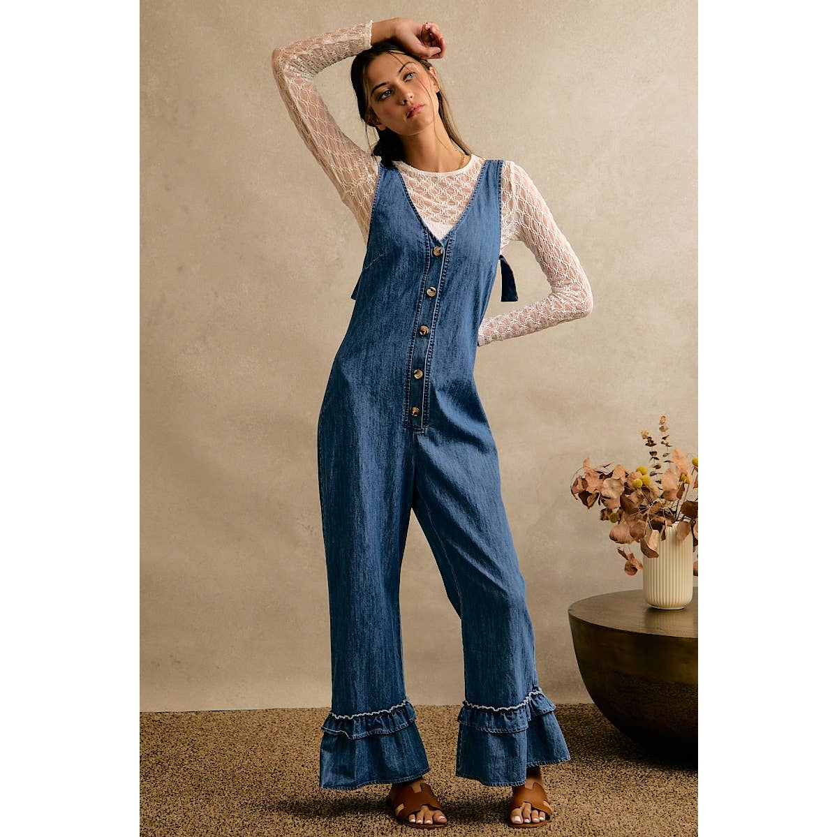 Denim Ruffle Leg Romper