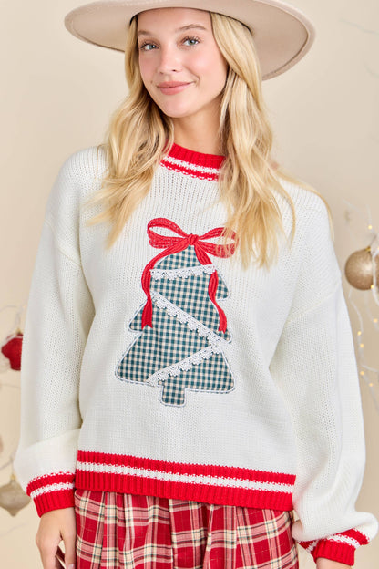 Festive Holiday Sweater With Christmas Tree Patchwork
