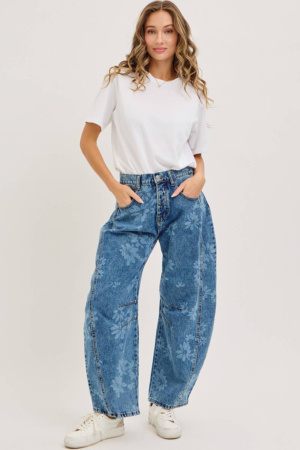 Floral Print Barrel Denim