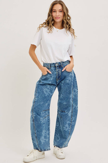 Floral Print Barrel Denim