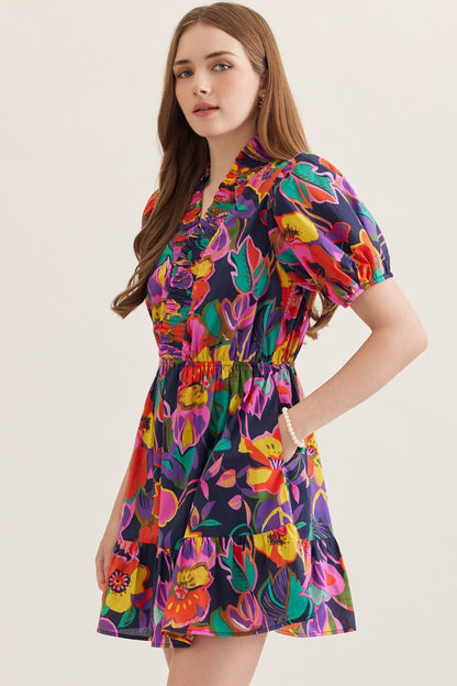 Navy Floral Puff Sleeve Dress