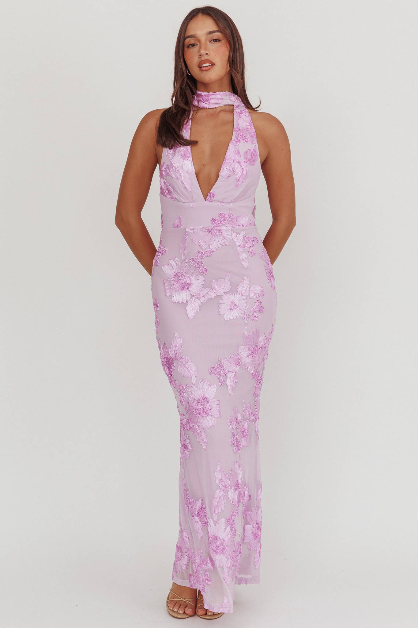 Turning Heads In Lilac Floral Appliqué Dress