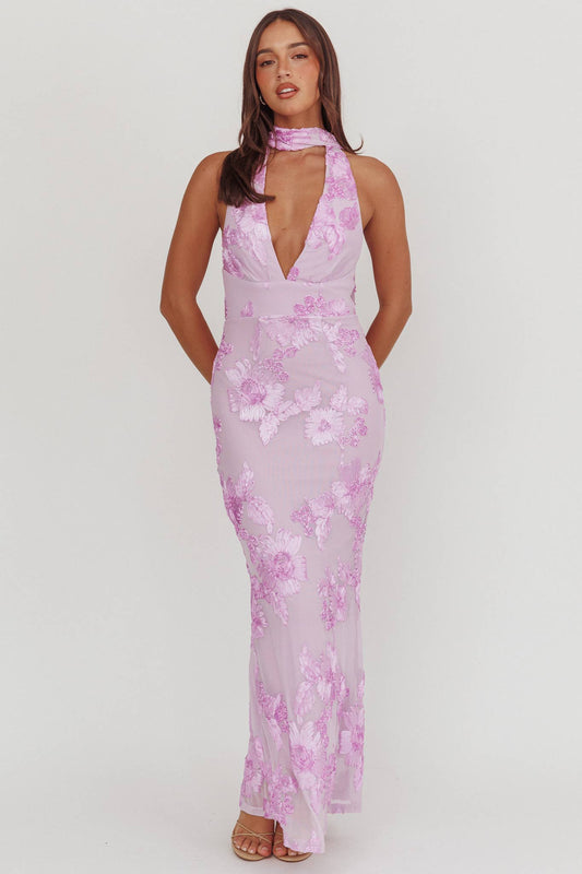 Turning Heads In Lilac Floral Appliqué Dress