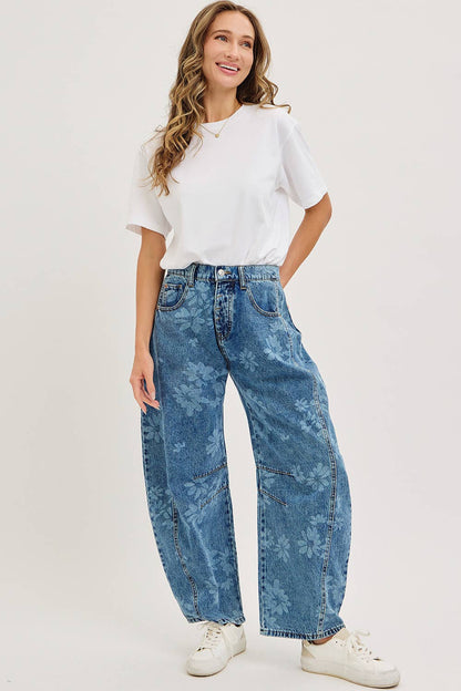 Floral Print Barrel Denim