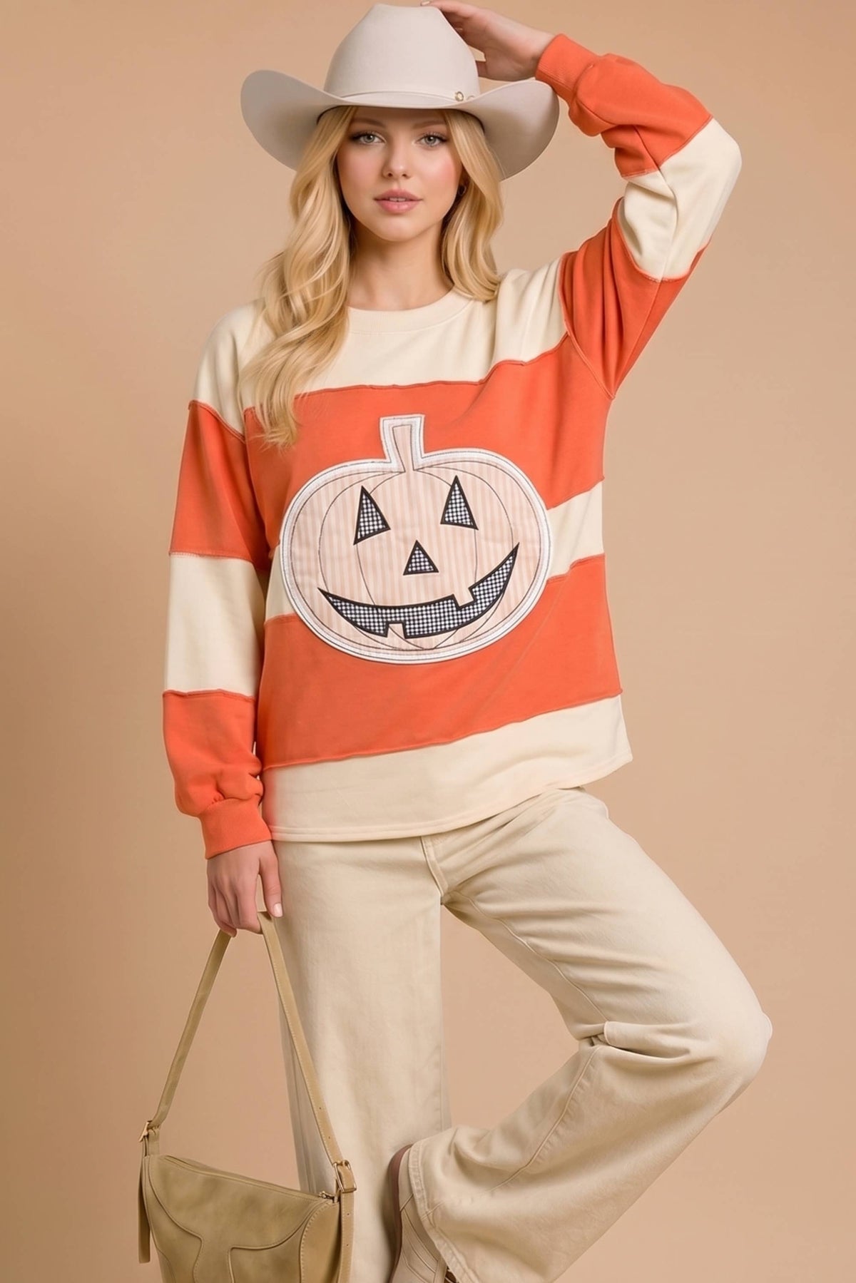 Pumpkin Appliqué Color Block Pullover
