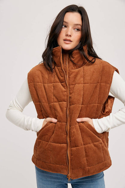 Corduroy Quilted Puffer Vest : Camel