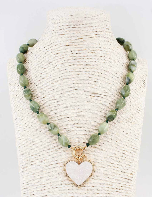 Green Beaded Natural Stone Necklace with Heart Charm