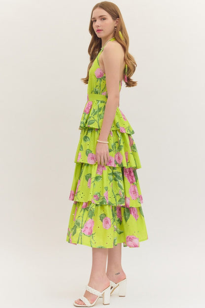 Chartreuse Floral Tiered Midi