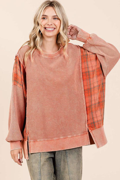 Plaid Panel Mineral Wash French Terry Sweatshirt